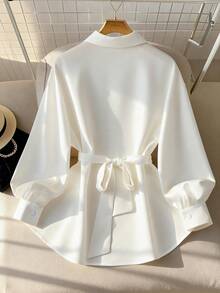 GlowEve Women's Elegant Embroidered Lantern Sleeve Open Front Blouse, Spring/Autumn - White - View 2