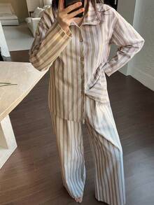 DAZY Women's Striped Print Drop Shoulder Loose Long Sleeve Shirt And Pants Pajama Set, Spring/Autumn - Green - View 4