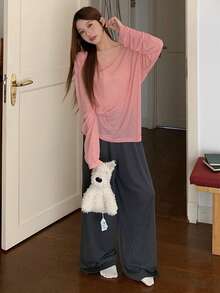 DAZY Solid Color Lightweight Semi-Sheer Cover Up Top & Long Pajama Pants Women Sleepwear Set - Pink - View 7