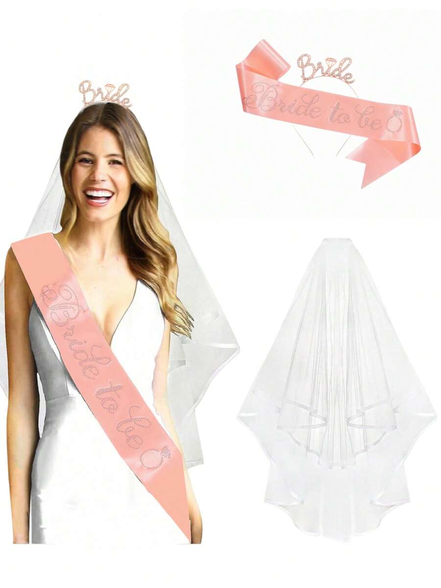 3pcs/Set European And American Bridal Shower Party Bride-To-Be Crown Headband, Shoulder Strap And Veil Set, Wedding Photo Prop(Pink) - Multicolor - View 1