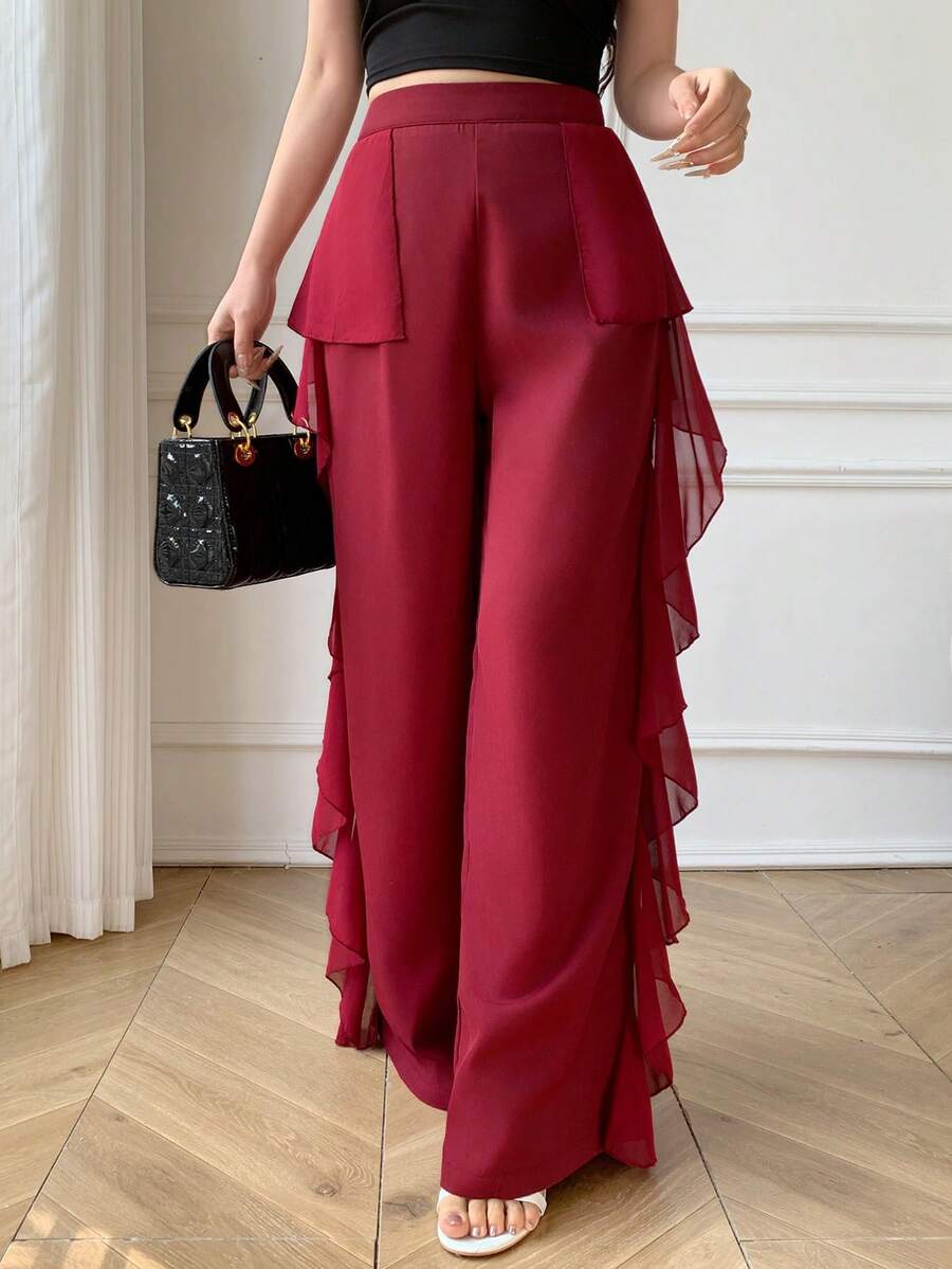 Celisse Quần nữ thời trang mới, cạp cao, ôm dáng, chất liệu chiffon, phối nhiều mảnh, dáng suông. - Màu Đỏ Sâu - Xem 1