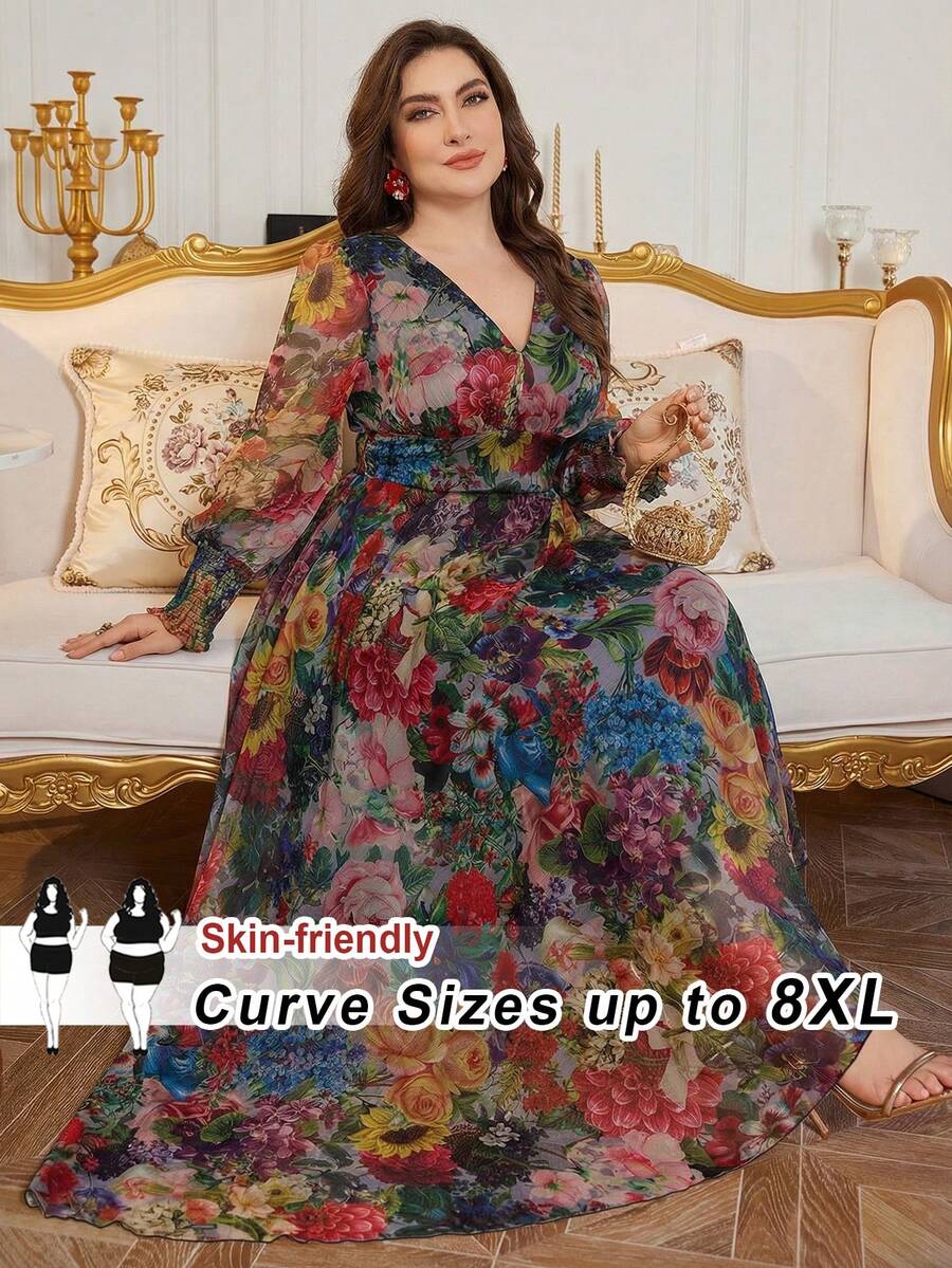 SHEIN CURVE+ New Luxury Elegant High-End Long Wrap Dress, Wide Hem, V-Neck, Long Sleeve - Multicolor - View 1