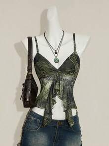 SHEIN ICON Women's Summer Bohemian Vacation Paisley Print Slit Ruffle Trim Fitted Cropped Camisole - Army Green - View 1