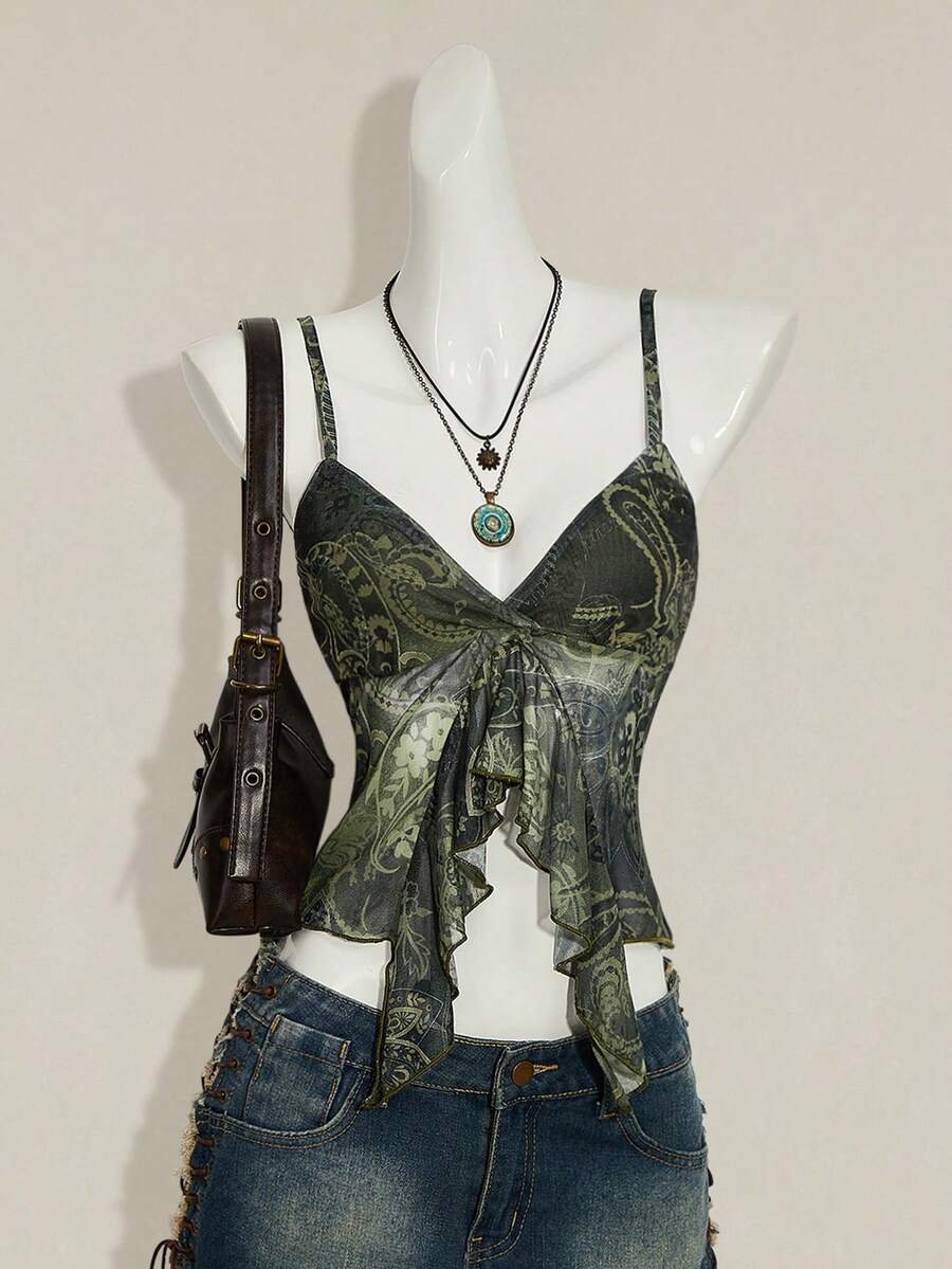 SHEIN ICON Women's Summer Bohemian Vacation Paisley Print Slit Ruffle Trim Fitted Cropped Camisole - Army Green - View 1