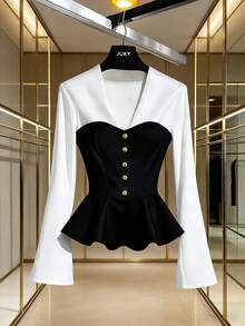 Qadelle Black & White Contrast Color Bell Sleeve Elegant Casual Commute Wear Button Up Blouse For Women, Autumn/Winter/Spring - Multicolor - View 6