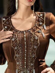 Layrah Coffee Brown Satin Handmade Beaded Embellished Arabic Style Maxi Dress