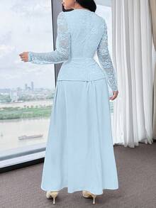 Feyla Vestido elegante de mujer con parches de encaje de unicolor - Azul Agua - Ver 3