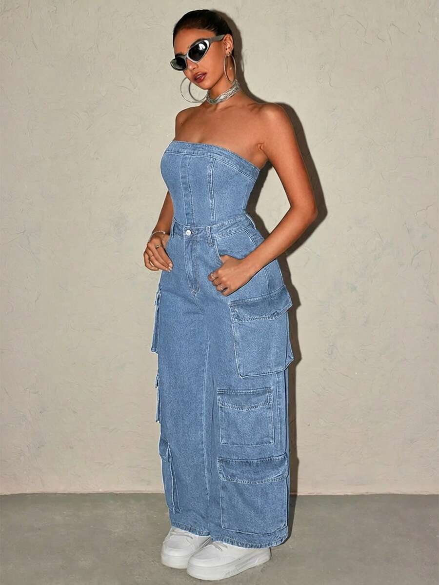 SHEIN ICON Women's Summer Casual Flap Pocket Denim Jumpsuit - Blue - View 1