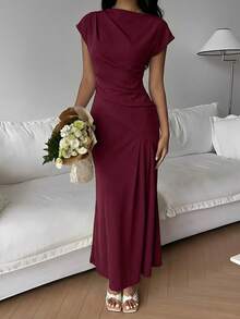 Serisse 女士优雅纯色收腰长连衣裙，夏季 - 酒紅色 - 查看 7