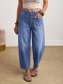 EMERY ROSE Women's Button Front Pocket Relaxed Fit Straight Leg Jeans - Blue - View 7