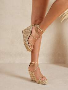 SHUZIA Women's Minimalist Platform Lace-Up Espadrilles Wadge Sandals - Gold - View 2