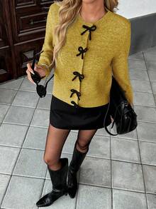 SHEIN PariChic Cardigan Rajut Lengan Panjang Kancing Pita Wanita, Musim Gugur/Dingin - Mustard Yellow - View 4