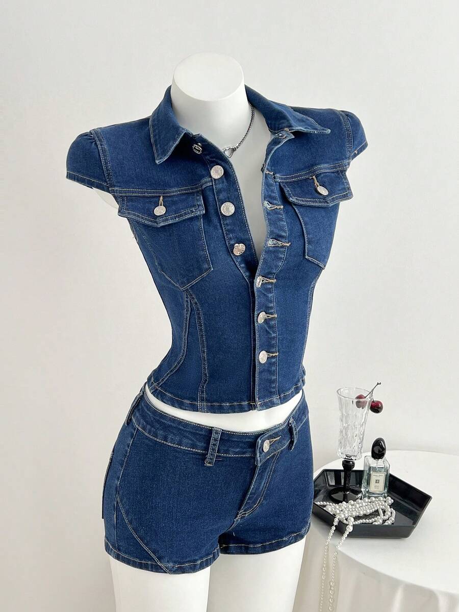 Elamini 女士夏季时尚前扣翻盖口袋牛仔衬衫 - 深色水洗藍 - 查看 1