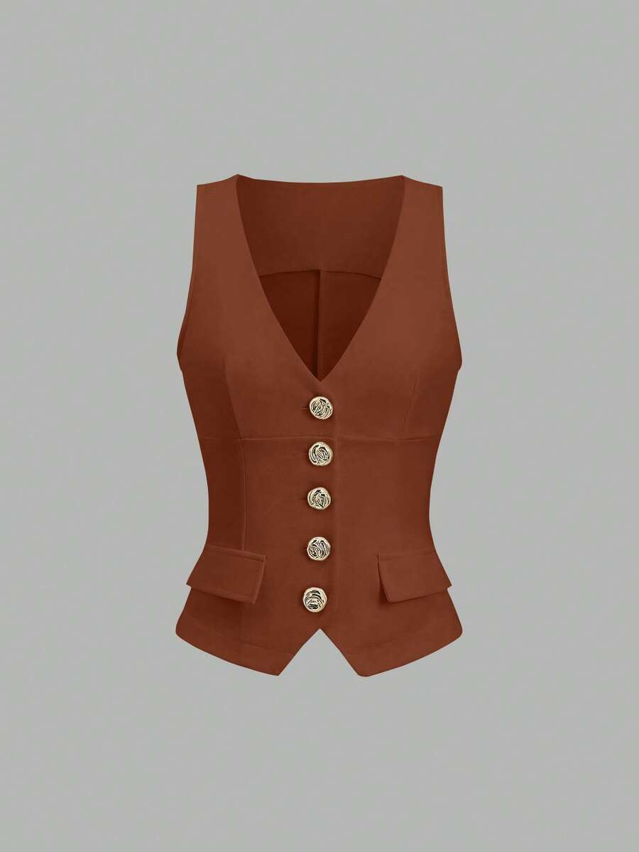 Sweetra Women's Casual Metal Button Faux Pocket Vest Jacket - Brown - View 1