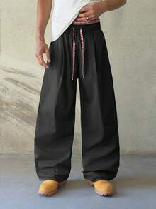 Manfinity Hypemode Men's Solid Color Drawstring Waist Casual Loose Pants Rave Spring To Summer Harajuku Pants - Black - View 2