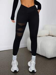 SHEIN PETITE Mesh Contrast High Waist Slim Fit Leggings - Black - View 1