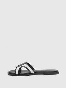 CUCCOO BIZCHIC Women's Square Toe Flats, Elegant Casual Simple Comfortable Slip-On PU Leather Sandals For Work Commute, Apricot - Black and White - View 9