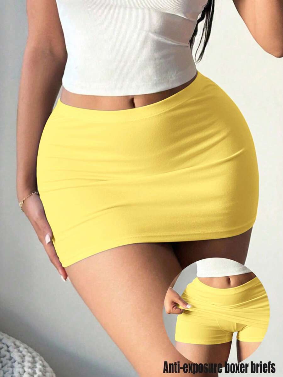 SHEIN SXY Chân váy ngắn ôm sát màu đen gợi cảm dành cho nữ (kèm quần legging) - Màu vàng - Xem 1