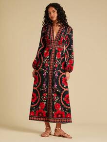 Travachic 女士印花深V领灯笼袖连衣裙，时尚假日连衣裙 - 黑色 - 查看 6