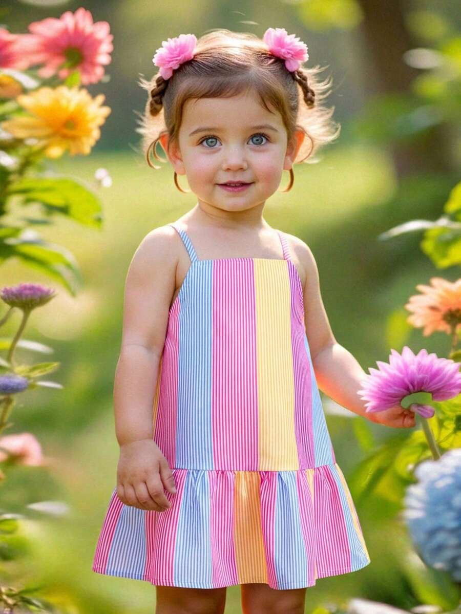 SHEIN 女婴夏季休闲度假风撞色条纹印花荷叶边吊带连衣裙