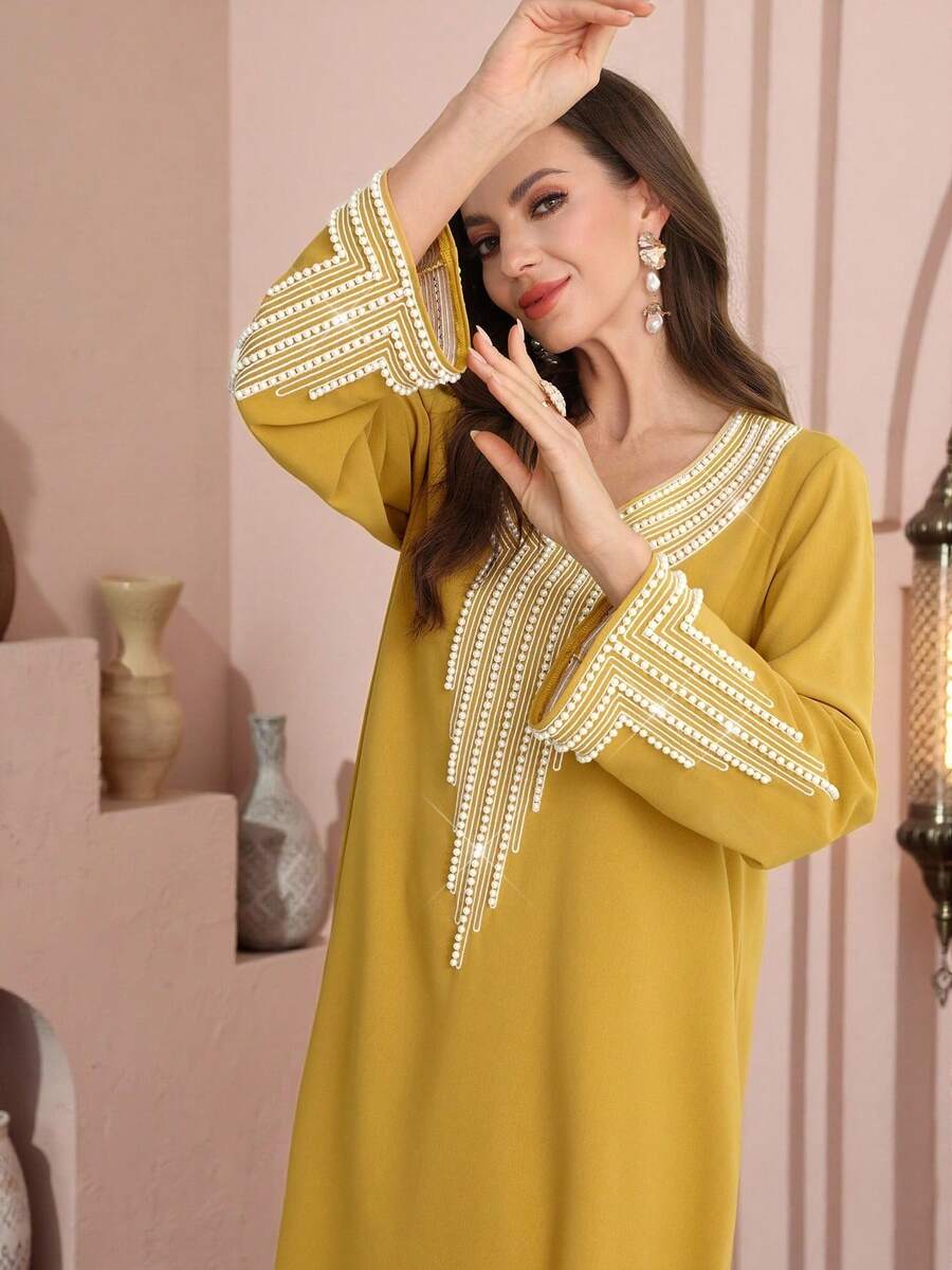 Al Najma Women's Loose Embroidered Beaded Robe For Ramadan - Mustard Yellow - View 1