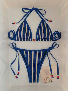 Swim Vcay 2pcs/Set Blue Strip Textured Triangle Halter Bikini Swimwear Set, Elegant Summer Casual Beach Vacation Holiday Spring Break Patchwork Swimsuit - Blue - View 8