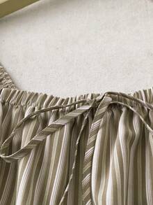 Linhara 大码女式条纹方领蝴蝶结双层下摆短袖上衣和阔腿裤两件套，休闲通勤复古时尚春夏/春秋夏季 - 彩色 - 查看 7