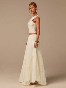 COSMINA Women's Elegant Lace Pleated Long Skirt, Versatile For Commute, Office, Boho, Vacation, Date, Wedding Guest - Apricot - View 5