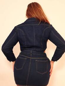 MelDlgn Plus Size Women's Fashion Casual Water-Washed Denim Jacket, Non-Stretch - Dark Wash - View 2