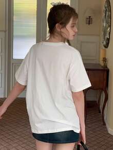 DAZY Teen Girl Letter & Bow Print Round Neck Loose Casual Short Sleeve T-Shirt