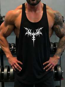 Manfinity Sport PWRUP 男士撞色印花背心，运动上衣，舒适透气宽松版型，适合健身房运动穿着。 - 黑色 - 查看 5