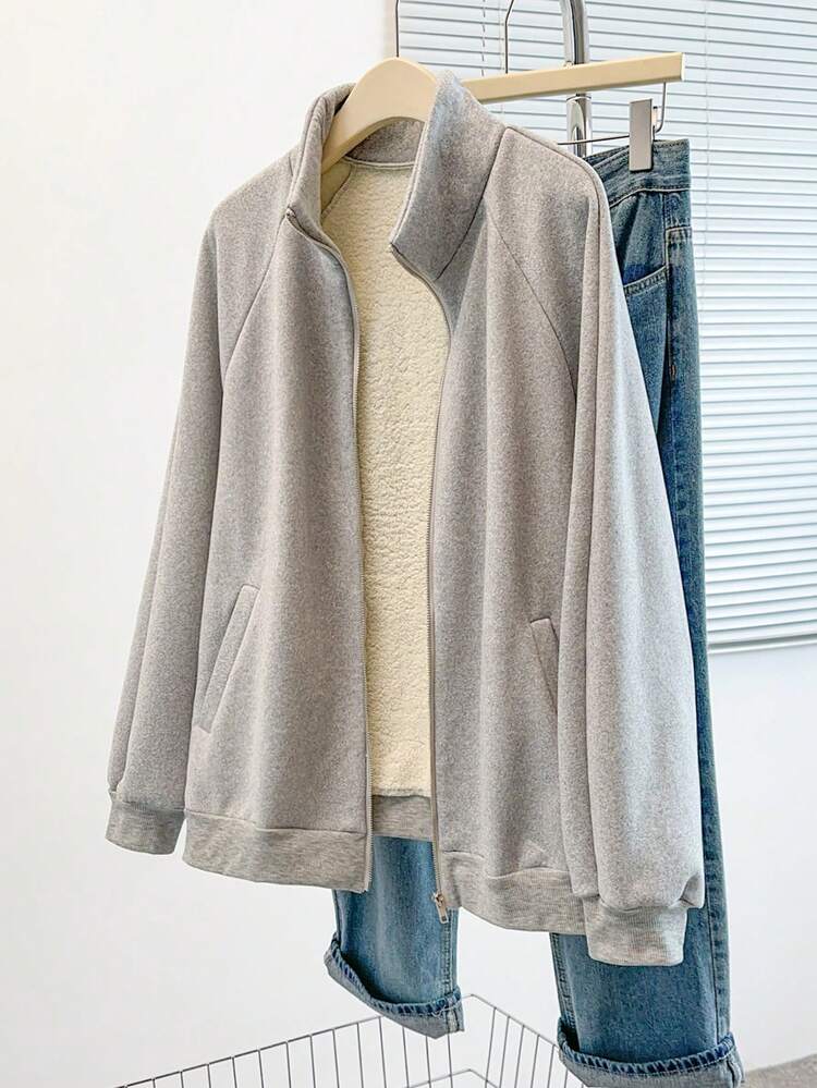 GlowEve CURVE Plus Size Women's Grey Casual Thermal Lined Zip-Up Sweatshirt, Winter Winter Jacket Fur Thermal Lined Jacket Fleece Warm Clothes Women Grey Jacket Cardigan For Women - Light Grey - View 4