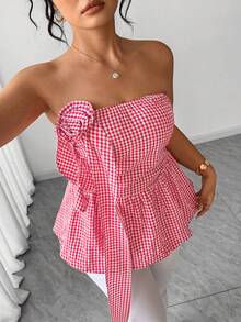 Elenzga Plus Size Women's Summer New Sexy Floral Gingham Bustier Crop Top With Ruched Waist And Flared Hem, Suitable For Daily Wear, Dates, Vacation, Beach, Music Festivals - Watermelon Pink - View 5