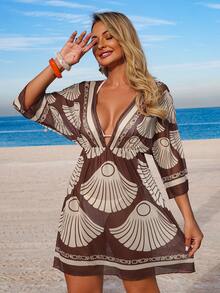 Swim Lushoire Women's Spring/Summer Beach Dress, Floral Print V-Neck Waist Cinched Vacation Dress, Cover-Up Set Bathing Suits With Coverup Swimwear Coverups Beach Vacation Dress Bikini Cover Up Dress Beach Coverup Women - Coffee Brown - View 5