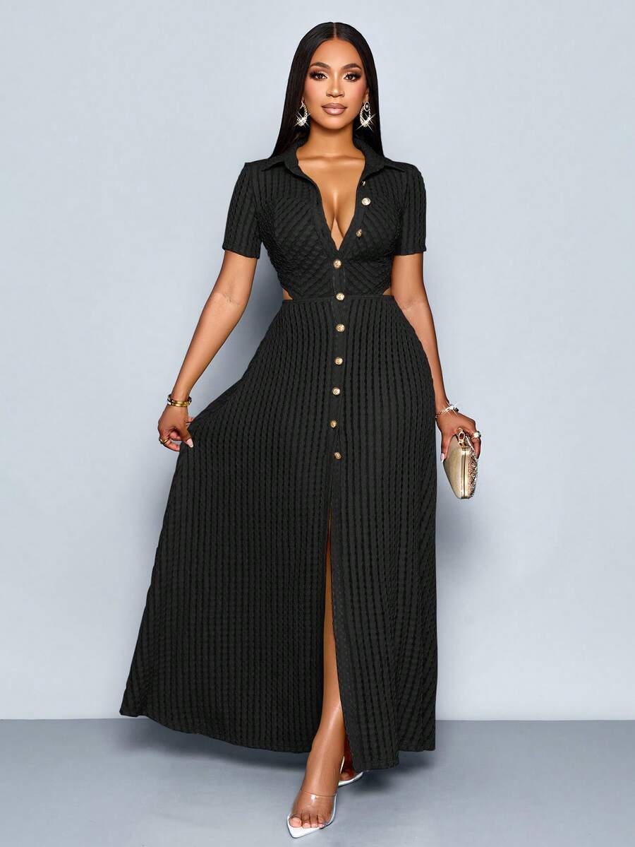 SOLERSUN Women's Elegant V-Neck Textured Fabric Open Front Buttoned Short Sleeved Maxi Dress - Black - View 1