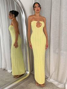 SHEIN Glamour Yellow Elegant Women's Knit Dress, Strapless Hollow-Out, Spring/Summer - Yellow - View 1