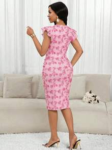 SHEIN Lady 女士V领印花荷叶边优雅中长连衣裙 女装连衣裙 中长连衣裙 女装连衣裙 - 粉色 - 查看 2