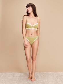 lacRébo 女士撞色花卉蕾丝时尚内衣套装 - 綠色 - 查看 6