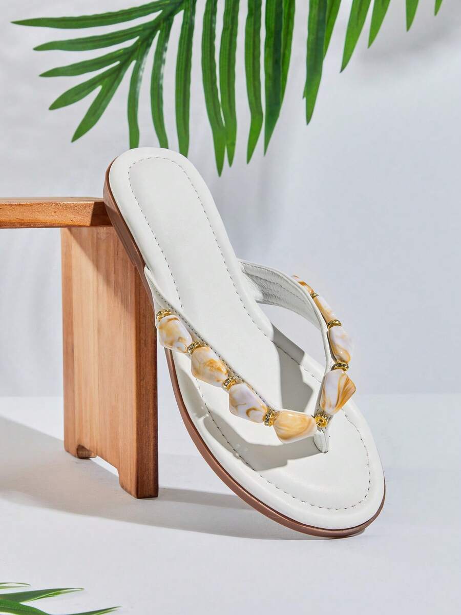 SHUZIA Women's Minimalist Comfortable, Durable, Stone Chain Thong Strap Slip-On Flat Sandals - White - View 1