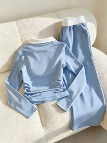 Teen Girl Knight Embroidery Pattern Ruffle Long Sleeve T-Shirt And Drawstring Waist Pocket Pants Casual Back To School Outfit Set - Blue - View 2