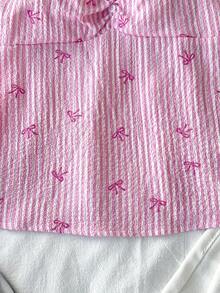 SHEIN Tween Girl Casual Minimalist Comfortable Plaid Bow Back Tie Shirt - Pink - View 6