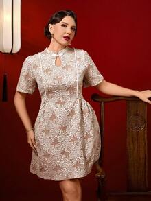 Auvina Chinese New Year Women's New Chinese Style Mandarin Collar Jacquard Dress - Coffee Brown - View 6