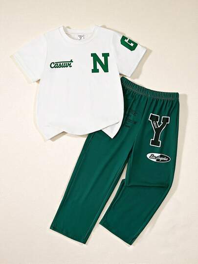 Casuvi Kids Young Boys Summer White Casual Letter Accent Short Sleeve T-Shirt With Green Pants Set, Suitable For Outings, Leisure At Home, Party Attendance, Fashionable Outfit, Valentine's Day Set