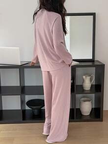 DAZY 简约星形印花插肩袖宽松针织女式睡衣套装 - 紫色 - 查看 2