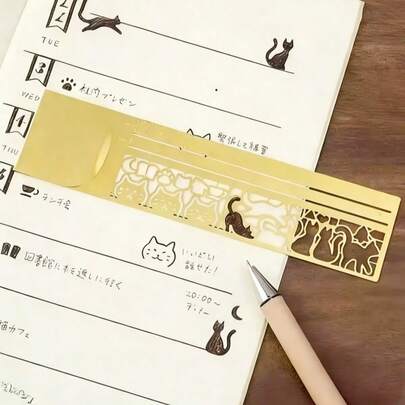 1个猫咪图案双面书签，多功能礼品猫咪模板尺，日记本计划本笔记文具工具