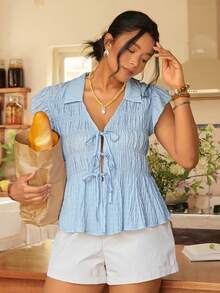 Freevana Plus Size Summer Minimalist Solid Color Textured Front Tie Shirt - Baby Blue - View 1