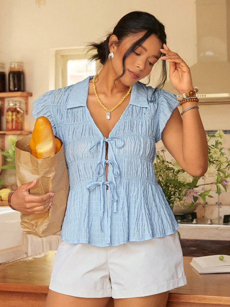 Freevana Plus Size Summer Minimalist Solid Color Textured Front Tie Shirt - Baby Blue - View 1