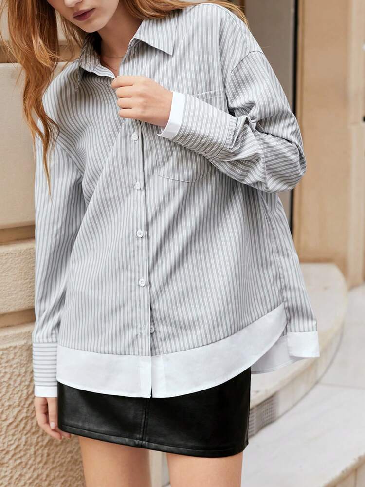 SHEIN Maija Women's Modern Versatile Gray And White Striped Loose Fit Drop Shoulder Long Sleeve Casual Shirt Hippie