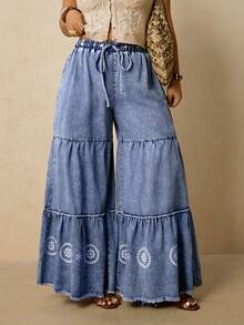 Travachic Quần jeans ống rộng dáng suông nhiều lớp xếp ly, cạp chun, gấu quần xếp ly, dành cho nữ cỡ lớn. - Rửa nhẹ - Xem 5