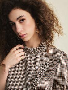 Écloséra 女士休闲荷叶边格子短袖衬衫，夏季 - 杏色 - 查看 2